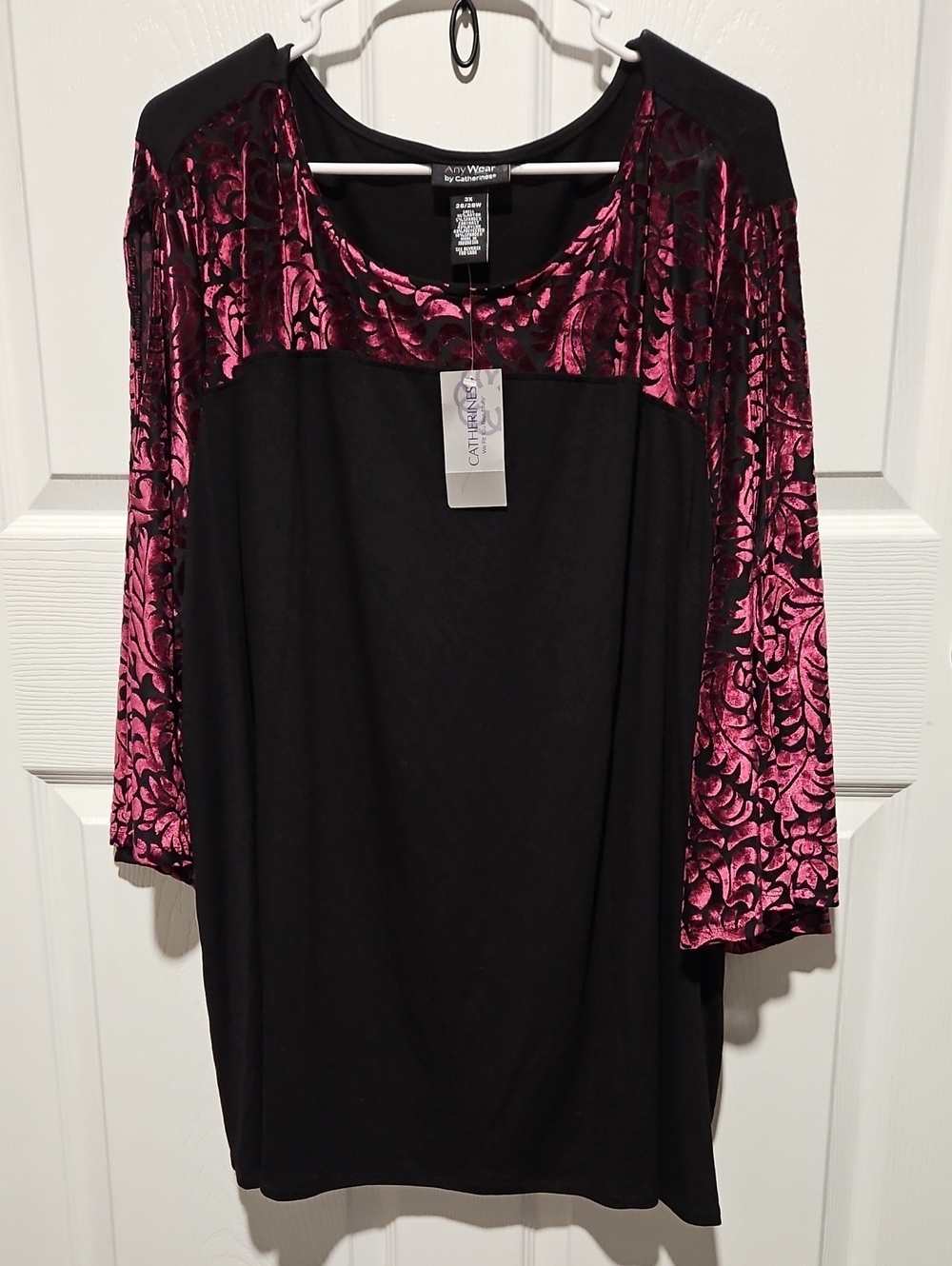 Plus Size Black Blouse with Fuchsia Burnout Velvet Accents
